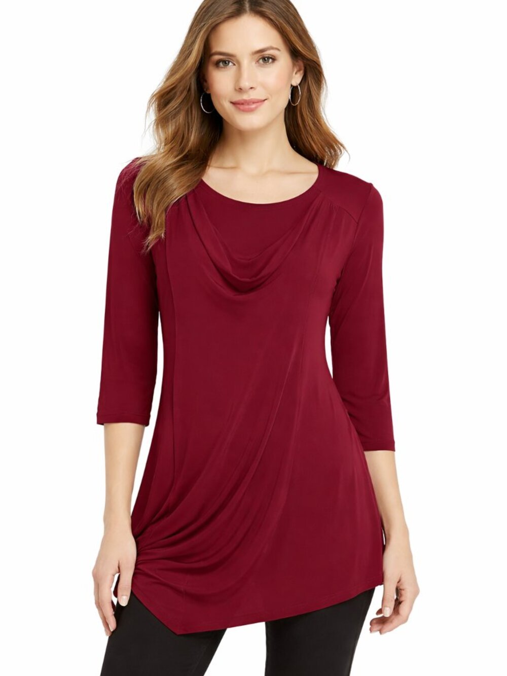 SYMPLI Gathered Side Tunic Top Blouse Draped Cowlneck 3/4 Sleeve Red Women's 6